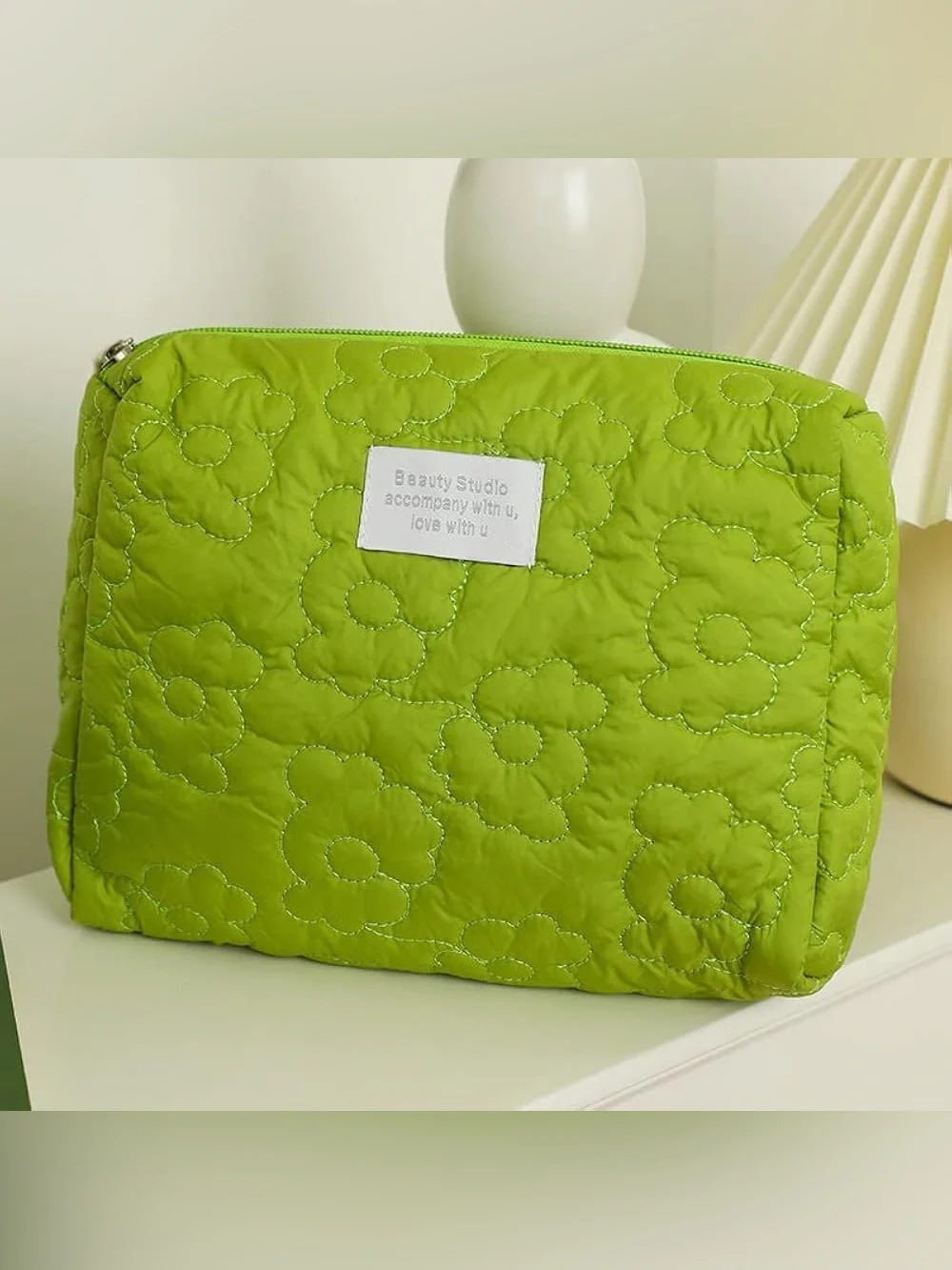 Large Green Quilted Pink Floral Women’s Makeup Toiletries Cosmetic Organizer Bag